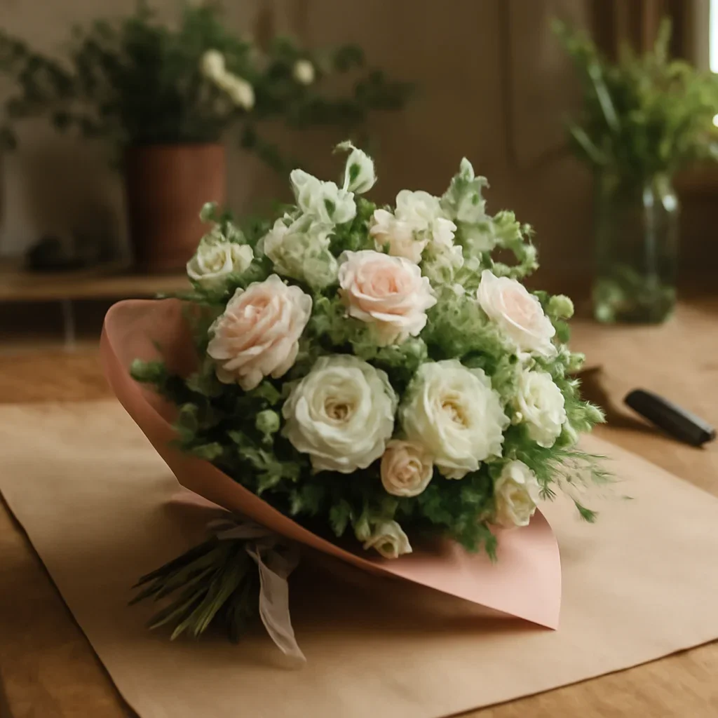 Fresh bouquet on a florist worktable for the Durham florist homepage